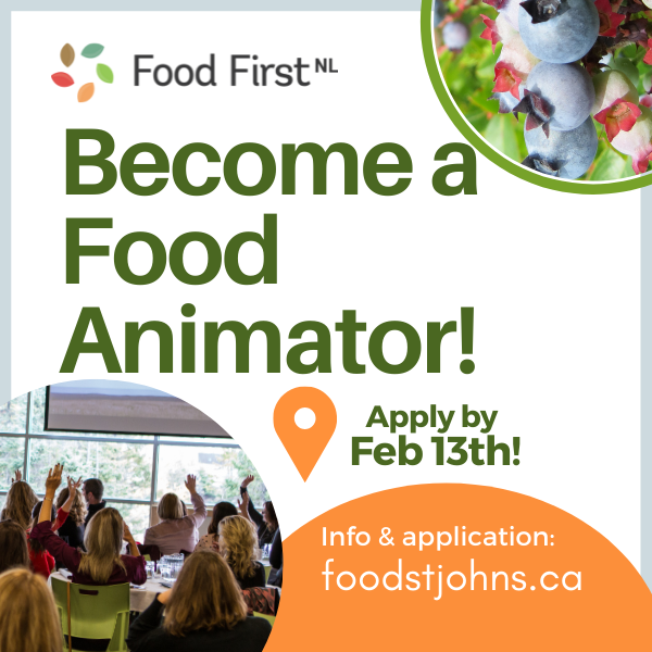 foodfirstNL's tweet photo. We're recruiting new Food Animators in St. John's! This program helps people recognize strengths, develop skills + resources, and work together on food issues.  Honorarium + child care + transport + $1000 project budget. Apply by midnight Sunday! Details: https://t.co/byYDMle7tu https://t.co/Ty9AOiFCPx