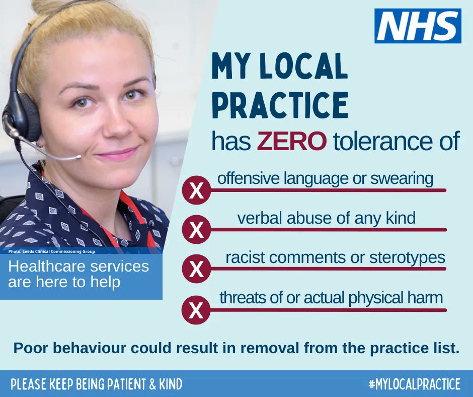 NorthYorksHCP's tweet photo. GP practices can refuse treatment to anyone who threatens the safety of their staff and other patients. If you are contacting your practice or going for an appointment, please be patient and please be kind #Mylocalpractice https://t.co/Ka0P6dQq5T