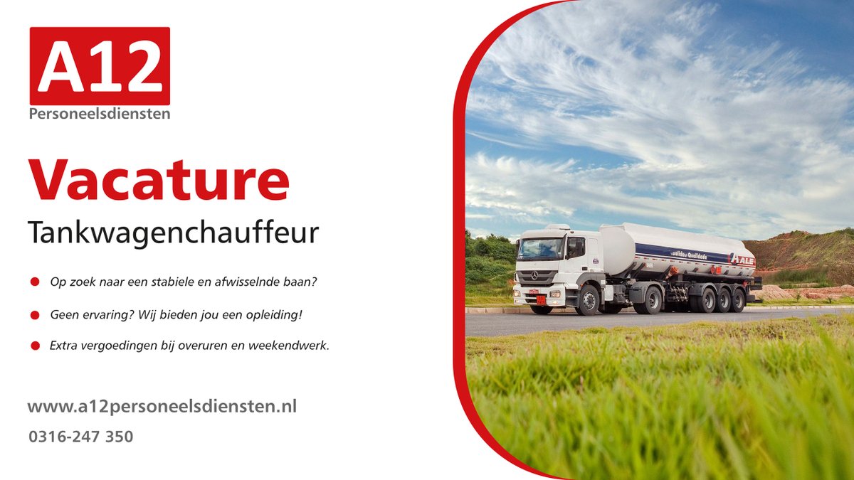 A12Personeel's tweet photo. Voor een van onze opdrachtgevers is A12 Personeelsdiensten op zoek naar een Tankwagenchauffeur.  Je bent fulltime beschikbaar en kunt direct aan de slag! Wil je werken in een leuk dynamisch team met een informele werksfeer? Reageer dan direct! 👉 https://t.co/iYOFfSqCuz #vacature https://t.co/mpz74Ir3zn
