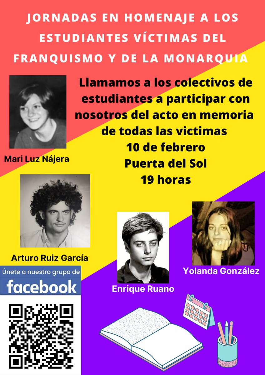 Invitación al Homenaje esta tarde en la Puerta del Sol 19:00h a los estudiantes víctimas en el período de la transición por la Dictadura franquista. Merecen ser recordados. No faltéis. Os esperamos. Convova la Ronda de la Dignidad🙅‍♂️🙅❤️💛💜