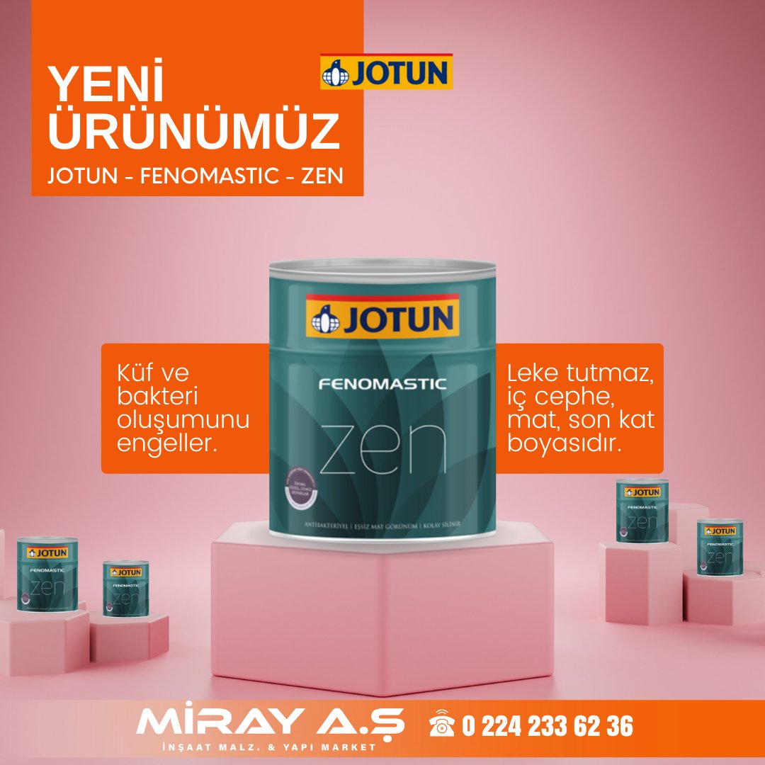 Yeni ürünümüz, Jotun Fenomastic Zen Leke Tutmayan Antibakteriyel Mat İç Cephe Boyası benzersiz teknolojisi sayesinde eşsiz mat görünüm sunarken kolay temizlenir ve leke tutmaz. 
* Yıkanabilir
* Antibakteriyel
* Eşsiz mat ve doğal görünüm
* Mükemmel renk deneyimi