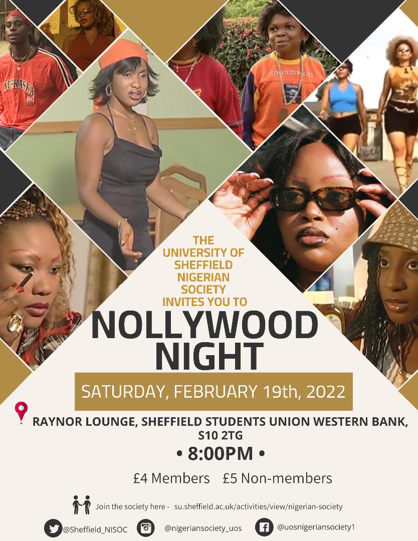 Sheffield_NISOC's tweet photo. The Nigerian Society invites you to join us on the celebration of Nigerian Film and Television history 🇳🇬

Come in your Y2K fits and your shiny suits ✨ Yes, it’s a turn up for Campus Queens and Kings as well as all Blackberry Babes 💅🏿 https://t.co/SDQY6OPrRF