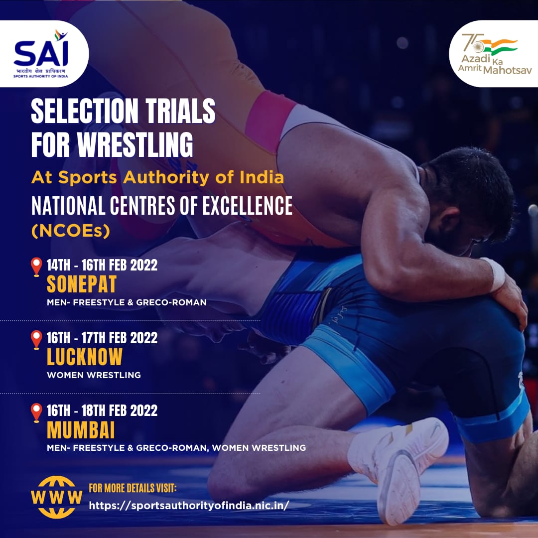Media_SAI's tweet photo. #Announcement 🚨
Selection #trails for #wrestling will start at SAI National Centres of Excellence (NCoEs) from 14th Feb 2022 onwards
Grab the opportunity! 🙂
For more information visit: https://t.co/jkaeZtLNbY
#selectiontrial #wrestler #sports https://t.co/OopYj2uBQ1