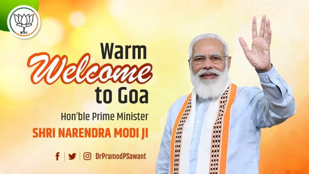 BjpCalangute's tweet photo. We extend a warm Welcome to our leader Hon'ble Prime Minister @narendramodi ji to Goa
@BJP4Goa @DrPramodPSawant @ShetSadanand @DattaDabolkar 
#NAMO #BJP4Goa #Elections2022 https://t.co/reBHGBvChL