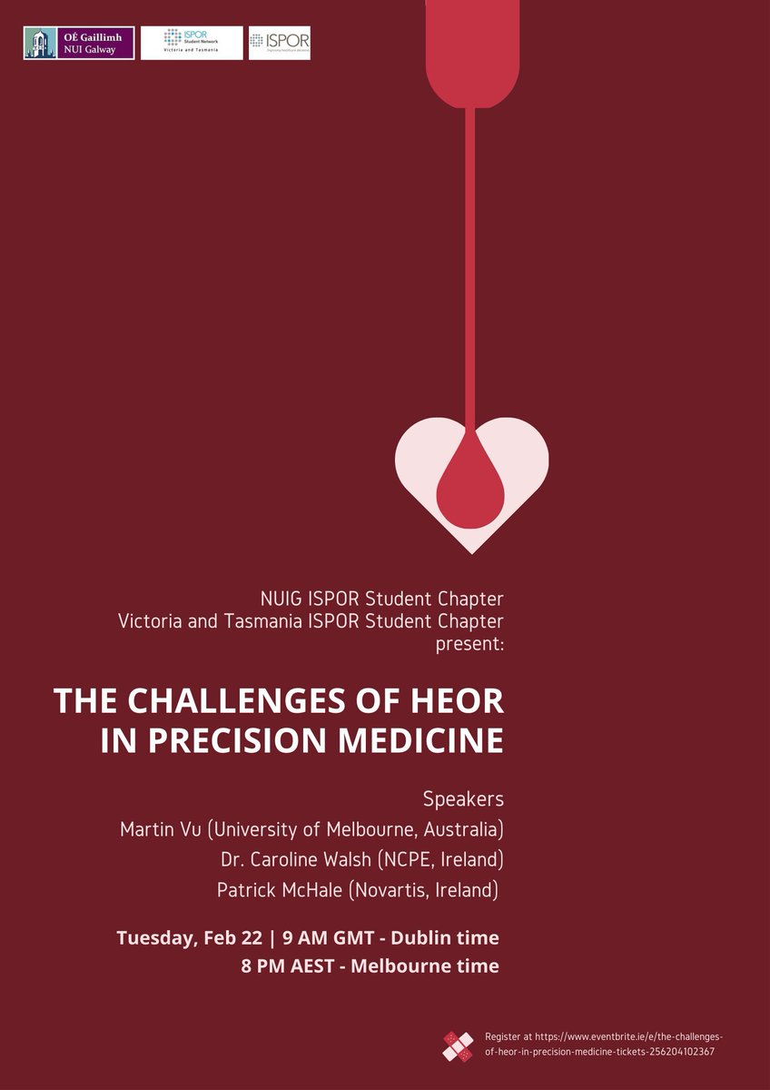 @epijohn.bsky.social (@_johne_) on Twitter photo #PrecisionMedicine may offer improved Tx options tailored for the individual patient – but what are the challenges of #HEOR?
The @nuigalway ISPOR student chapter & <a href="/ISPORVicTas/">ISPOR Victoria and Tasmania Student Chapter</a> will hold a #free webinar on 22Feb to discuss this in the context of #Ireland & #Australia
Register👇 #PrecisionMedicine may offer improved Tx options tailored for the individual patient – but what are the challenges of #HEOR?
The @nuigalway ISPOR student chapter & <a href="/ISPORVicTas/">ISPOR Victoria and Tasmania Student Chapter</a> will hold a #free webinar on 22Feb to discuss this in the context of #Ireland & #Australia
Register👇