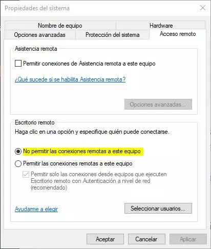 Deshabilitar el acceso remoto.La función Escritorio remoto de Windows en Windows permite a los usuarios conectar tu PC de forma remota, si no lo vas a usar: Desactívalo. Es más, usa otros sistemas, RDP es el mal. Desactiva también lo de "solicitud de asistencia remota".