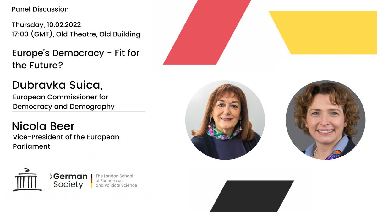 LSE_GermanSoc's tweet photo. This afternoon, we are excited to welcome the VP of the European Parliament @nicolabeerfdp and European Commissioner @dubravkasuica for a panel discussion on "Europe’s Democracy - Fit for the Future?". You can follow the live stream here: https://t.co/OK454HIGHy #GermanSymposium https://t.co/7xpwLT7YTa