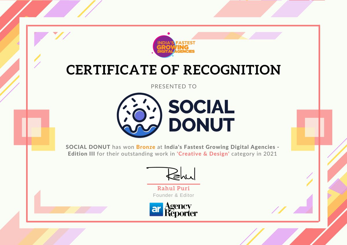 Agency Reporter (@agency_reporter) on Twitter photo Congratulations <a href="/technoid4u/">Abhinav Rege</a> & team Social Donut on being recognized as the Bronze winner of India's Fastest Growing Digital Agencies- Edition III in the 'Creative & Design' category. Congratulations <a href="/technoid4u/">Abhinav Rege</a> & team Social Donut on being recognized as the Bronze winner of India's Fastest Growing Digital Agencies- Edition III in the 'Creative & Design' category.