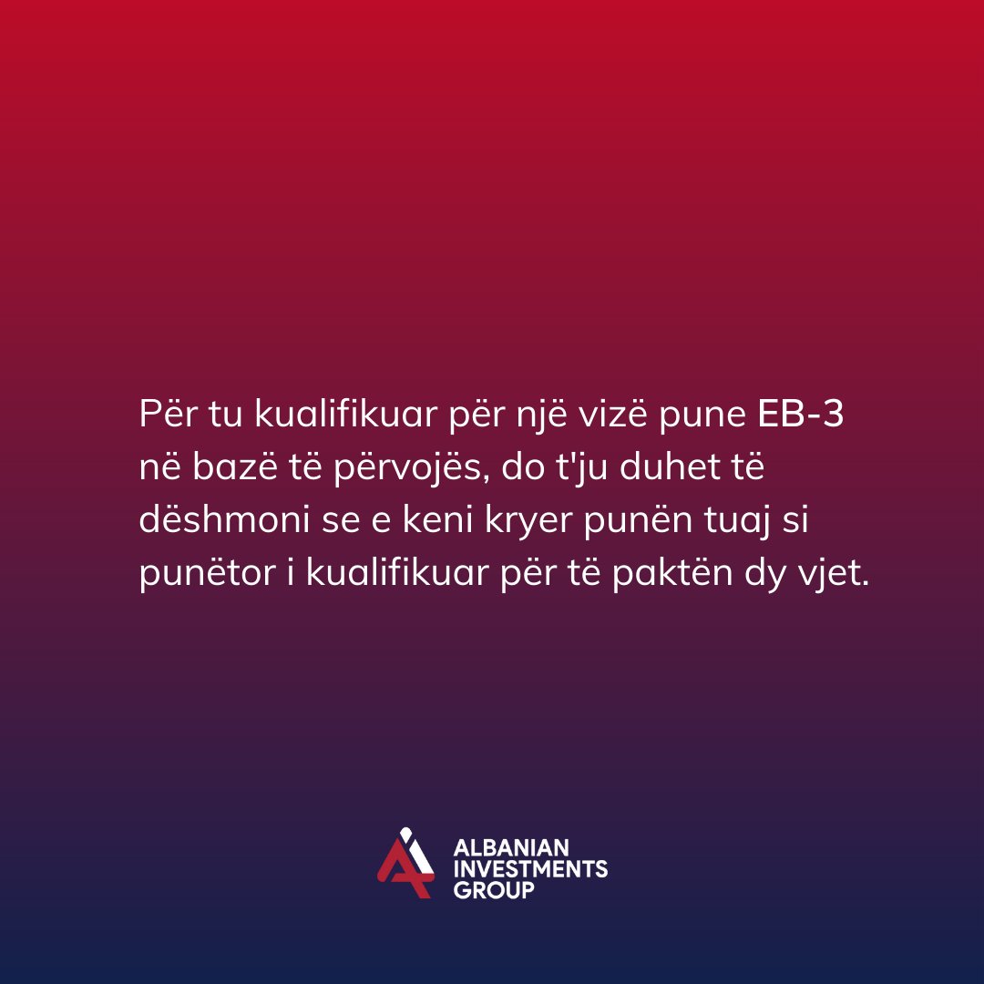 Kjo mund të arrihet me dy vite përvojë të drejtpërdrejtë, ose mund të dëshmoni se keni trajnime të mjaftueshme përmes praktikave.

Aplikoni tani për viza pune për në SHBA

👉 alb-investments.com/eb-3-viza/

#vizapune #shba #eb3