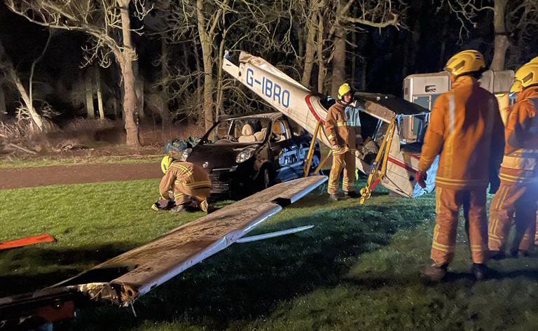 AirfieldFire's tweet photo. Drill Night @shuttleworthtrust looking at a Full Emergency situation! Exercise involving a light aircraft and vehicle! Crews practiced their skills in trauma care, stabilisation, extrication and incident command. #teamavfs #drillnight #firefighters #shuttleworthcollection https://t.co/Fm7BjtHYHP