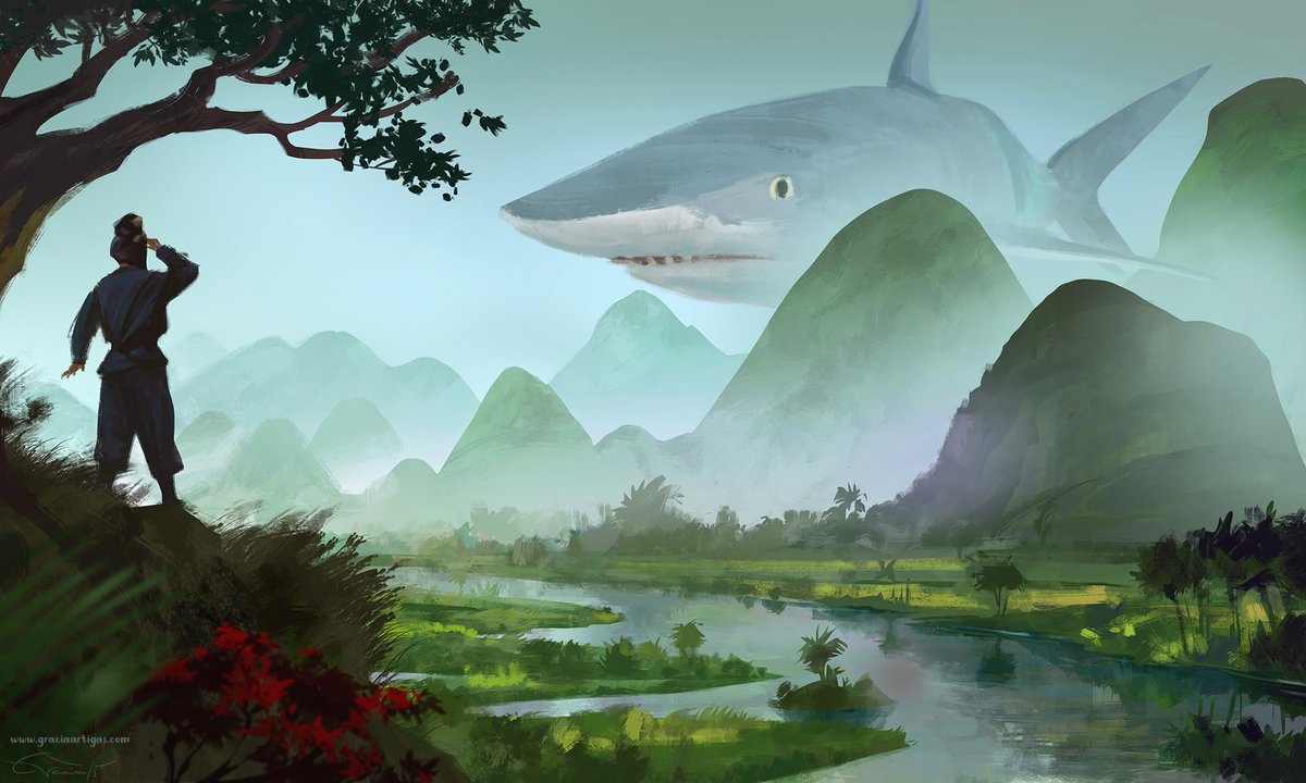 Weather forecast today: Cloudy with a chance of sharks. Don't forget your brolly. 
(I'm slightly bored of my local weather😉)
instagram.com/gracia.art.s/
#ThrowbackThursday #art #illustration #shark #painting #digital #surreal #weather #landscape #mountains #river #conceptart #visdev