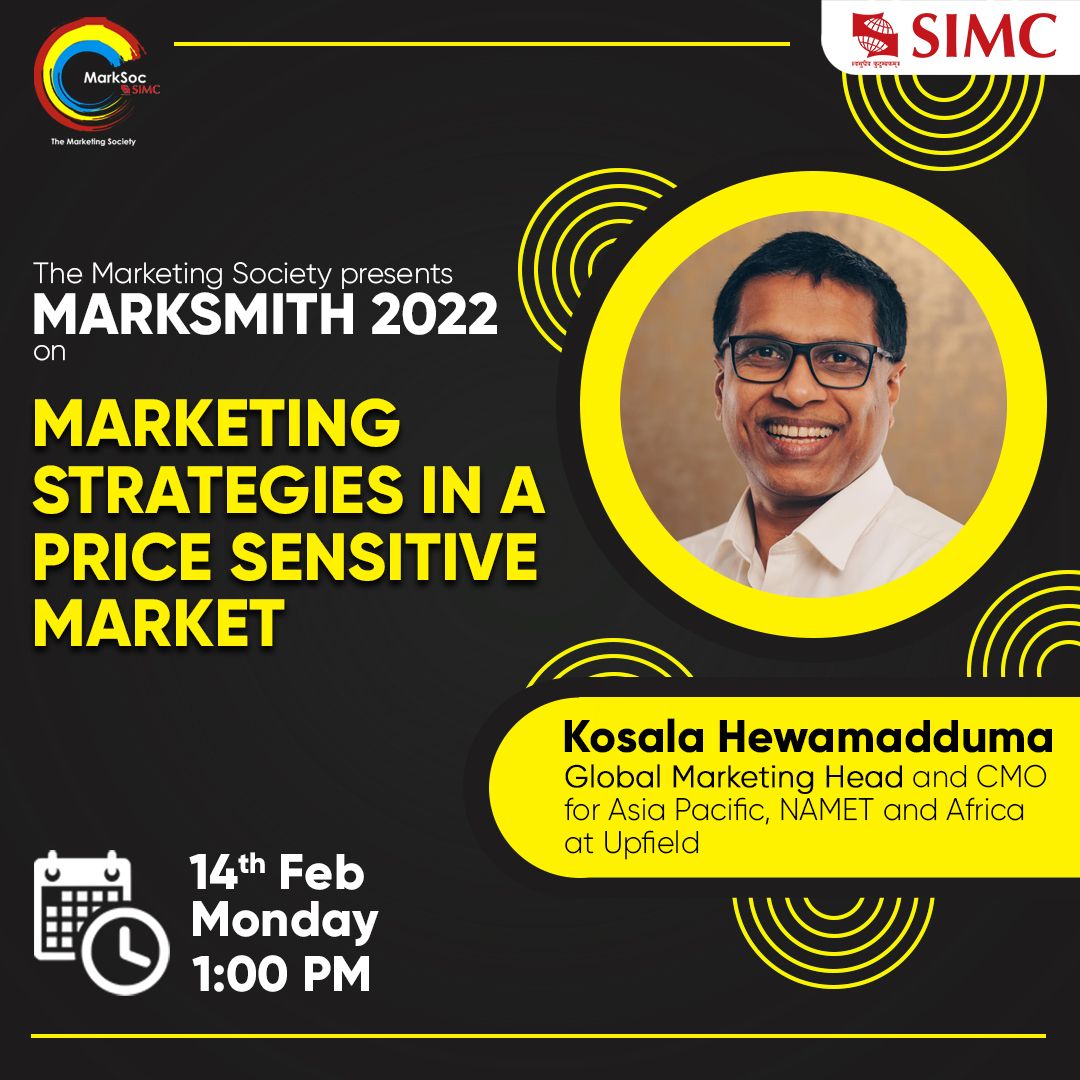SIMC_Pune's tweet photo. The Marketing Society is conducting its first talk of the Marksmith 2022 series with Mr. Kosala Hewamadduma, Global Marketing Head and CMO - Asia Pacific, NAMET and Africa for Upfield, the top plant-based company in the world.
#marketingsociety #SIMC #SIMCPune #marksmith2022 https://t.co/ERoqJNXmDl
