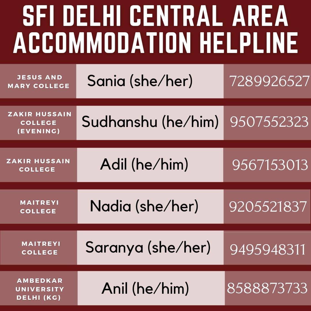 sfiduspeaks's tweet photo. For accommodation assistance in various colleges of Delhi university, contact our volunteers.SFI DU is ready to help you.

#reopendelhiuniversity
#reopendu
#DelhiUniversity https://t.co/Bec64Co3PE
