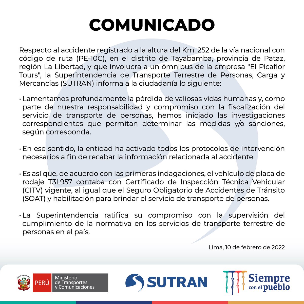 sutranperu's tweet photo. #AlertaSutran | La institución lamenta la pérdida de valiosas vidas humanas en el accidente registrado en el distrito de #Tayabamba, provincia #Pataz, región #LaLibertad y comunica las acciones iniciadas a fin de determinar las medidas y/o sanciones correspondientes. https://t.co/wMfEuEHYyz