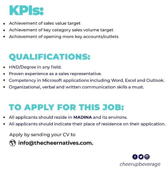 retweet_1z's tweet photo. Cheer-Up Beverage is seeking to hire a Sales Representative, see flyer for more details👇🏾.

#LetsAllGetEmployed https://t.co/n8SldVZ6pm