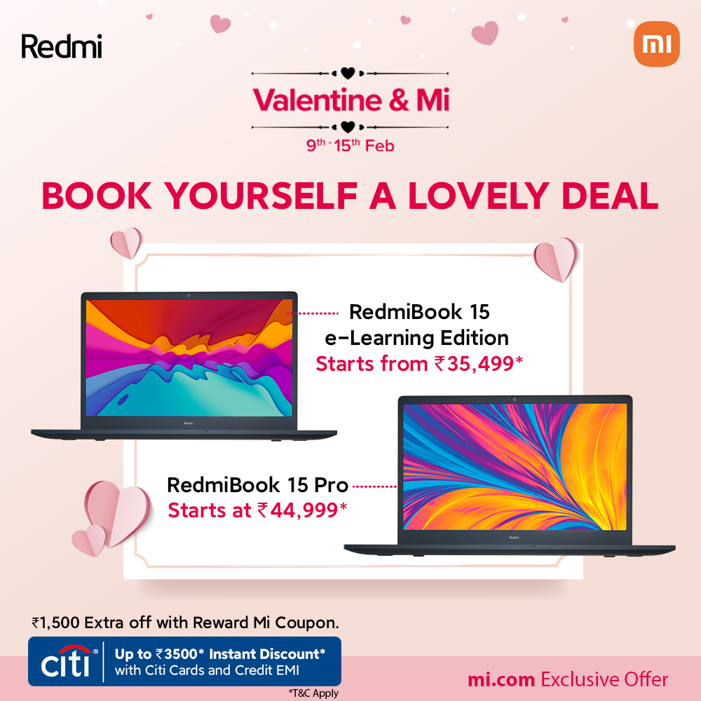 RedmiIndia's tweet photo. This #ValentineAndMiSale, meet your working &amp; learning companion.

 #SuperStartLife with➡️#RedmiBook 15 Series at jaw-dropping discounts😍
 
👉https://t.co/J7gePsZI4b https://t.co/BbfINuaSTO
