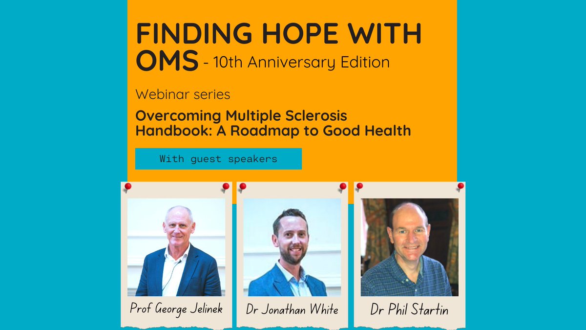 OvercomingMS's tweet image. Our next webinar session will focus on the new ‘Overcoming Multiple Sclerosis Handbook: Roadmap to Good Health’.
Professor @GeorgeJelinek, Dr @jonty303 and Dr Phil Startin will take us through the book and answering your questions on the day.
Sign up here: us06web.zoom.us/webinar/regist…