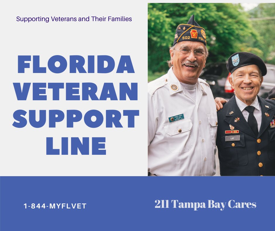 FirstContactTB's tweet photo. If you are currently serving in the military or if you are a veteran needing information and connections to military or veteran-specific services, 211 can help! https://t.co/GhMF7tOnIh #SalutingVets #FloridaVets #FloridaVeteransSupport #211TampaBayCares #SupportVets https://t.co/URizMcc5wj