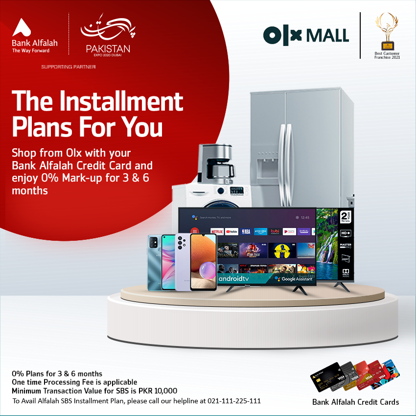 BankAlfalahPAK's tweet photo. Exclusive Installment Plans for you.
Shop at OLX Mall with your Bank Alfalah Credit Card and enjoy exclusive Installment Plans.
T&C's Apply.
For details, visit https://t.co/5ogh2w1kBo or call us at 021-111-225-111.
#BankAlfalah #TheWayForward #InstallmentPlans #BAFCards https://t.co/tLzLnUaVlD