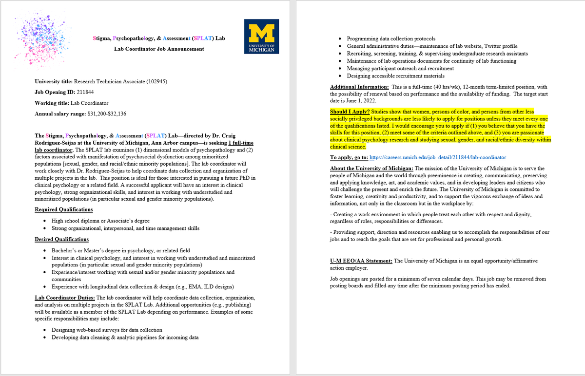 CraigAnthonyRS's tweet image. 🚨Postbac Job Opportunity with Me🚨 Please share far and wide! 

The @Haus_of_SPLAT Lab is recruiting a full-time Lab Coordinator. Estimated start date is June 2022; Start date is flexible and earlier start date is possible. 

Application Site: careers.umich.edu/job_detail/211…