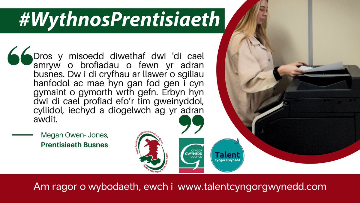 TraffigCymruG's tweet photo. Yn ystod #WythnosPrentisiaeth rydyn ni'n dathlu straeon ein prentisiaid.📖

Mae #ACGCC gyda @talentgwynedd yn cynnig cyfleon i brentisiaid ddatblygu eu gyrfaoedd mewn meysydd amrywiol a gweithle cynhwysol🌉💻

Darganfyddwch mwy am stori Megan- ein Prentis Busnes 👇@CyngorGwynedd https://t.co/KvhODxTqz9