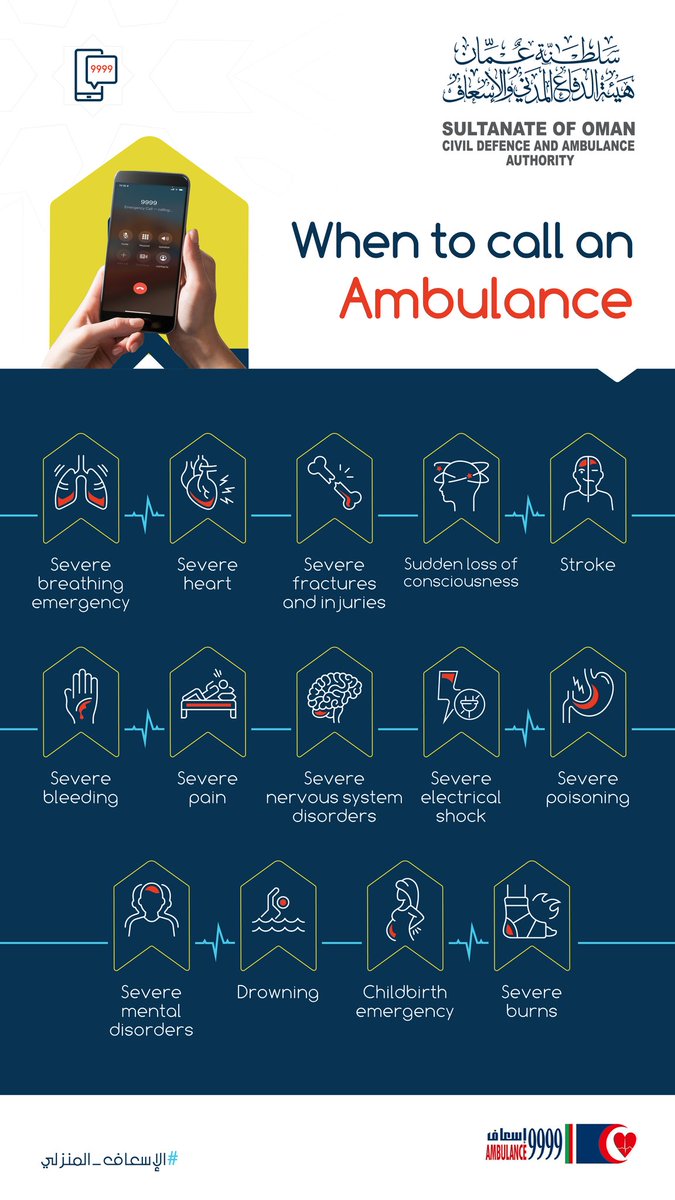 الحالات الطارئة التي تستدعي الاتصال لطلب خدمة #الإسعاف_المنزلي 
#هيئة_الدفاع_المدني_والإسعاف