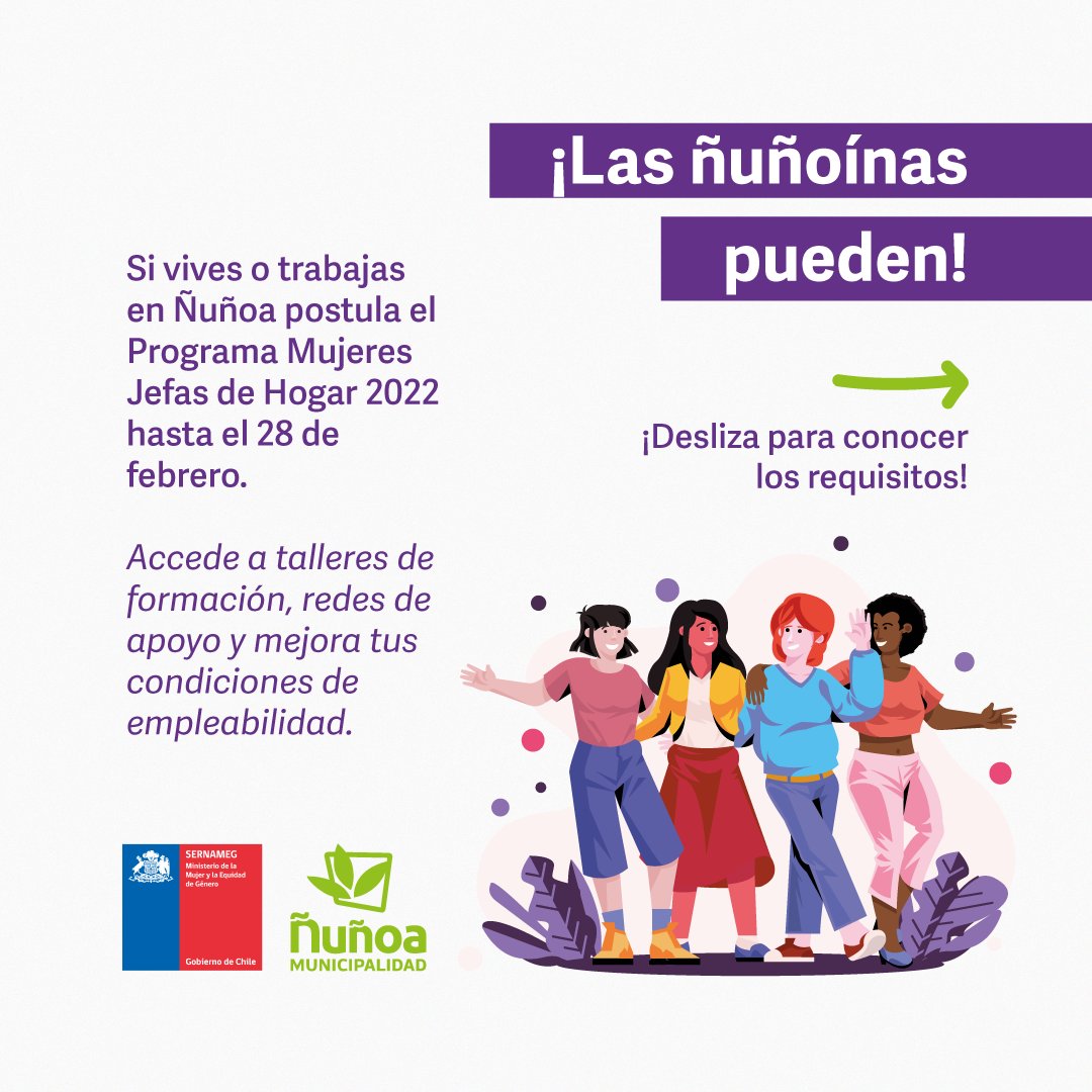 MuniNunoa's tweet photo. 👩🏻💻¡Postula al al #ProgramaMujeresJefasDeHogar !
En Ñuñoa buscamos promover el empleo femenino, si tienes dudas sobre este programa puedes escribir a mcontrerass@nunoa.cl o vvidelac@nunoa.cl para que te orientemos 😌
📲Link de inscripción en https://t.co/dQ3v6NpOdi https://t.co/5E955xACAE