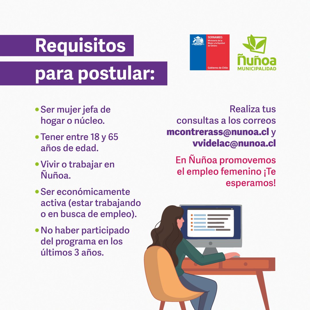 MuniNunoa's tweet photo. 👩🏻💻¡Postula al al #ProgramaMujeresJefasDeHogar !
En Ñuñoa buscamos promover el empleo femenino, si tienes dudas sobre este programa puedes escribir a mcontrerass@nunoa.cl o vvidelac@nunoa.cl para que te orientemos 😌
📲Link de inscripción en https://t.co/dQ3v6NpOdi https://t.co/5E955xACAE