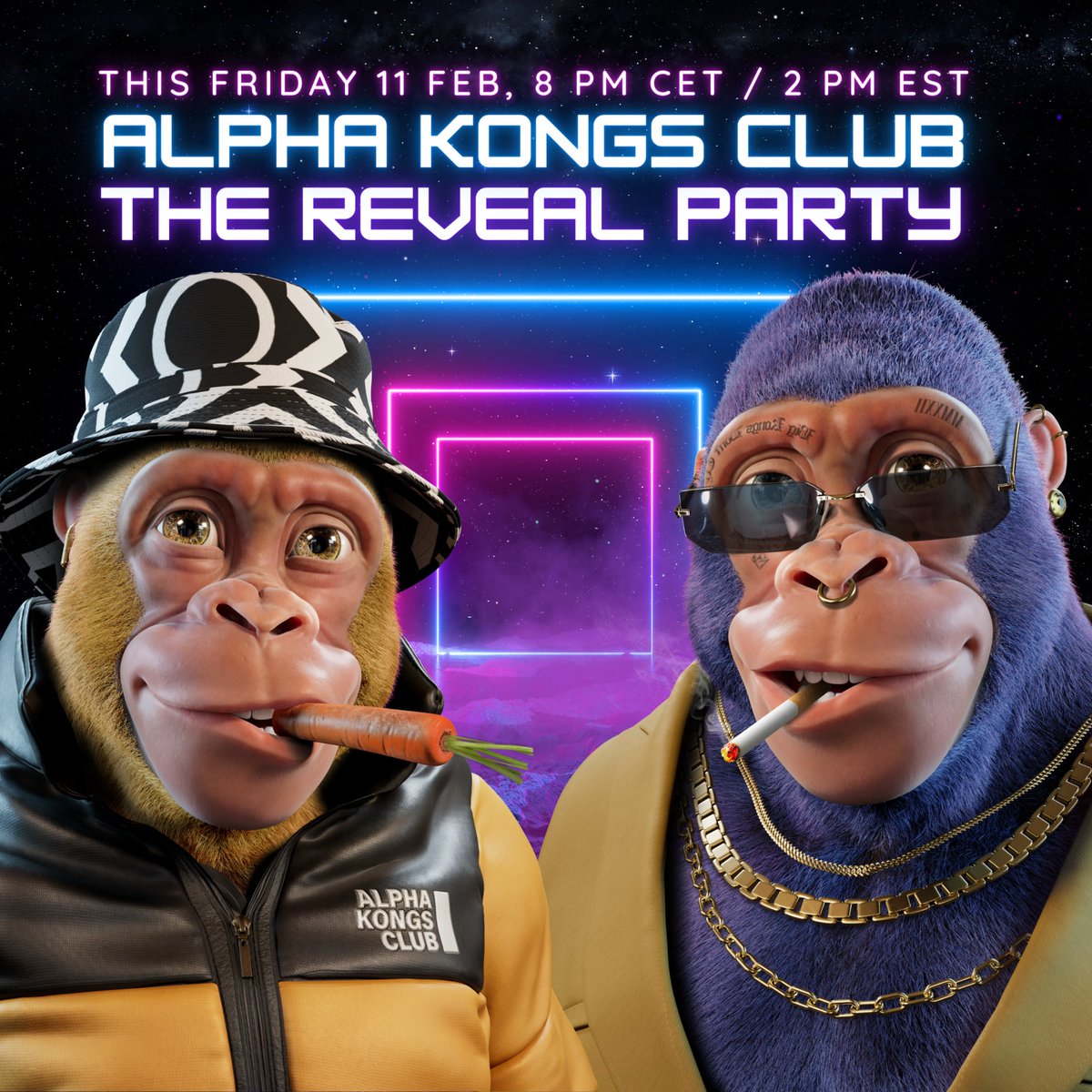 AlphaKongsClub's tweet photo. THE REVEAL + PARTY IS TOMORROW! (+FREE NFTs) 🎉

We’re doing another legendary AKC Festival to celebrate the reveal together. 🙌

Follow AKC on Twitch so you don’t miss out:
https://t.co/ZBuaxEW80f 👈🏼 https://t.co/F9OggJClTk