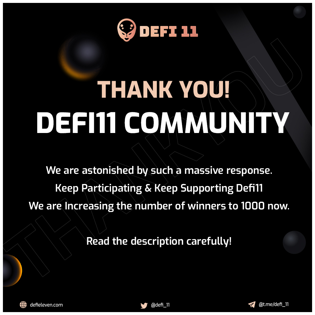 VulcanEleven's tweet photo. Thank you so much to all the participants who have joined so far. We hadn't envisioned that we would be receiving such a massive response. Hence the Defi11 team has decided to increase the number of winners to the first 1000 users now will be rewarded with $50 worth of D11 tokens https://t.co/9plB1Pb2mF