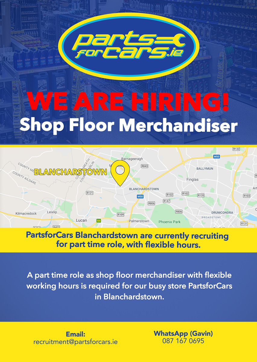 We are recruiting for 2 roles in our busy store, PartsforCars in Blanchardstown.

➡️ Counter Sales Assistant (Full Time)
➡️ Shop Floor Merchandiser (Flexible Hours)

📥 Message us your CV 
📧 E-Mail: recruitment@partsforcars.ie 
☎️ WhatsApp Gavin @ 087 659 7346