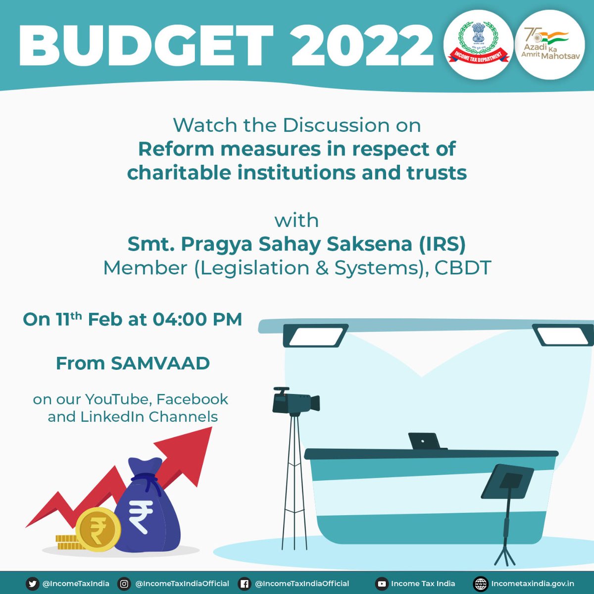 IncomeTaxIndia's tweet photo. Learn more about Union Budget 2022, by watching the discussion with Smt. Pragya S. Saksena, Member (L&amp;S), CBDT on our official channels. The third part is on how it impacts Charitable Trusts and Institutions.
#Budget2022
#AatmaNirbharBharatKaBudget https://t.co/eyg8nEZ4Ss