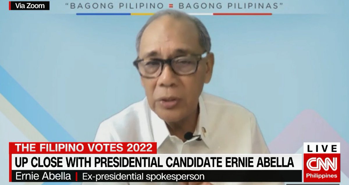 newswatchplusph's tweet photo. Presidential candidate Ernie Abella on  his achieving platforms: We will continue with the past economic agenda of the current admin but we want to include three things… the close participation of civil society… second one gobyernong nararamdaman. https://t.co/Wpo13tfzHh
