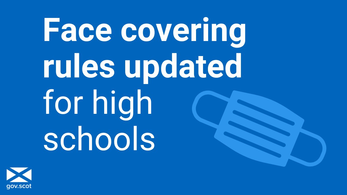 Face covering rules changed for high school pupils and staff.

From 28 February, face coverings will no longer be required in high school classrooms.  

Face coverings will still be required in communal areas. 

For more ➡️ gov.scot/news/covid-19-…