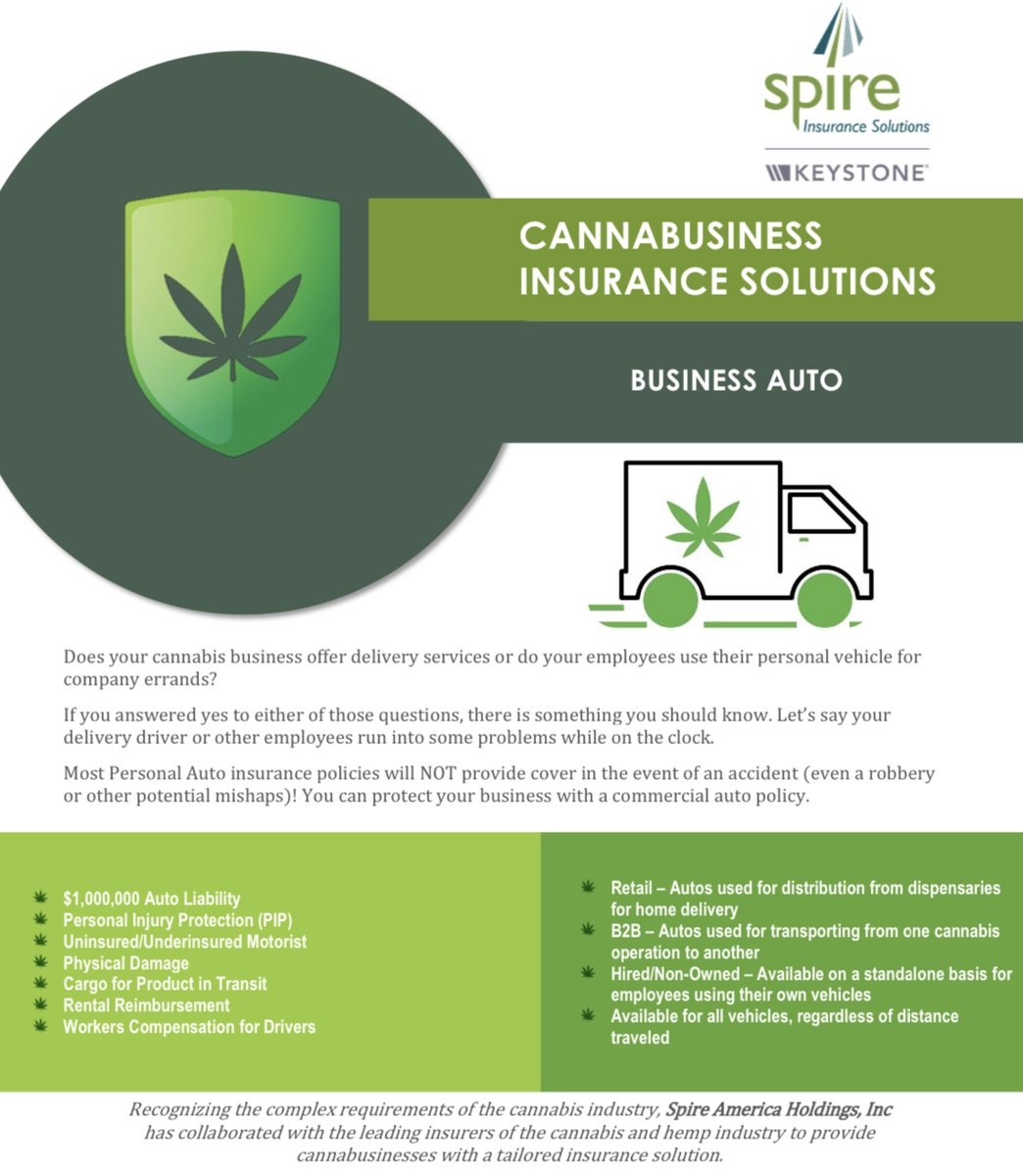 InsuranceSpire's tweet photo. Does your #cannabis #business offer #delivery services or do employees use their personal vehicle for company errands? If you answered yes, be sure you have the proper business #auto coverage. Contact Spire Insurance today for more details! https://t.co/eCADJMWniD