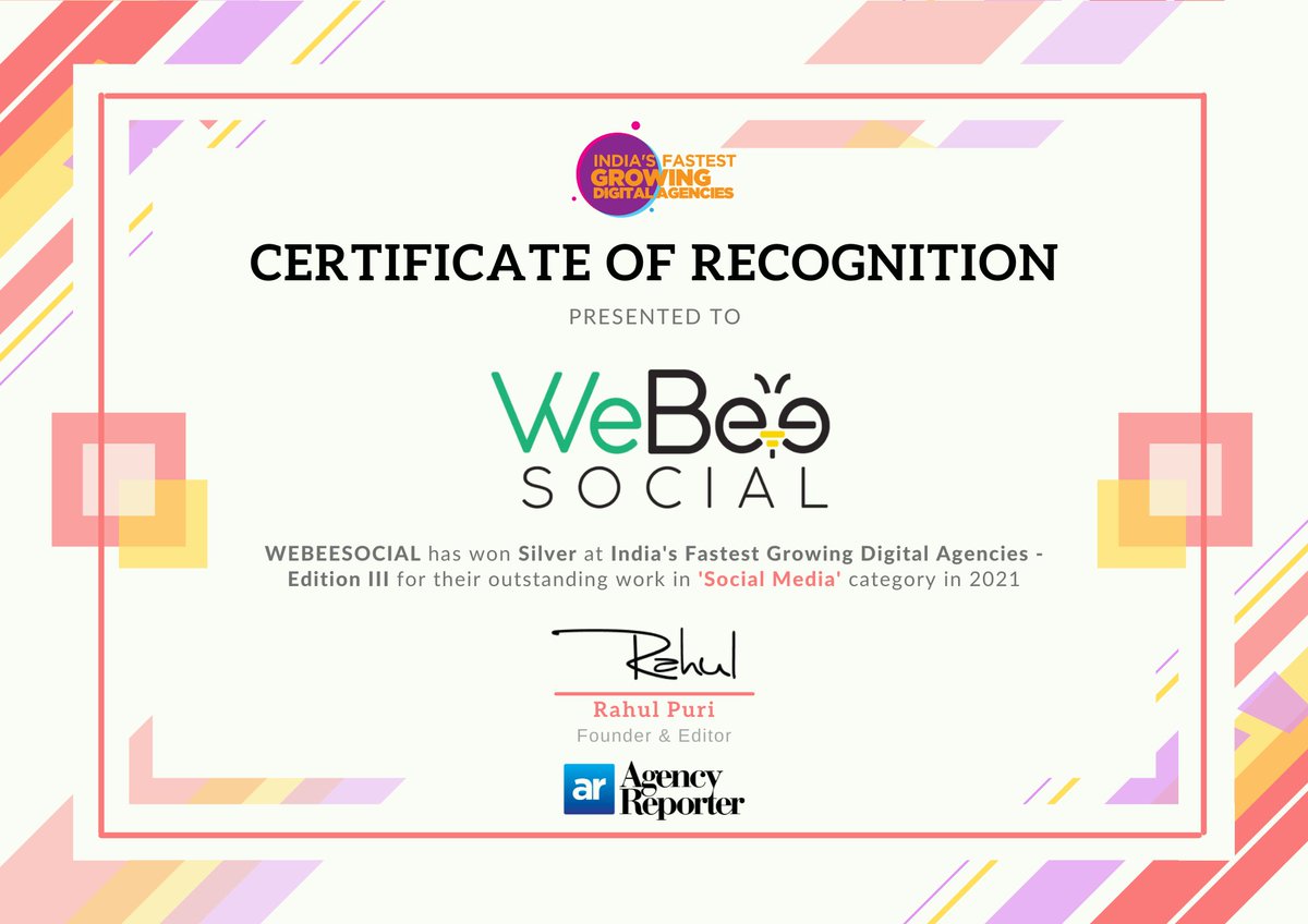 Congratulations <a href="/BadkaBhaiya/">The शुभेंदू झा !</a>, @Soumyaashr &amp; team <a href="/WeBeeSocial/">WeBeeSocial</a> on being recognized as the Silver winner of India's Fastest Growing Digital Agencies- Edition III in the 'Social Media' category.