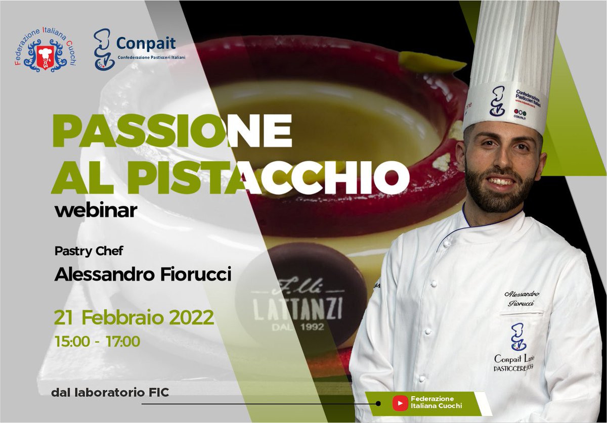 conpait's tweet photo. Non perdere 🤩 l’appuntamento #Webinar con il #PastryChef Alessandro Fiorucci ed il suo “Passione al pistacchio” 🍮🍈
Per info: https://t.co/g6MrSK14wJ
#Federcuochi #conpait https://t.co/lpAdJhoPu3