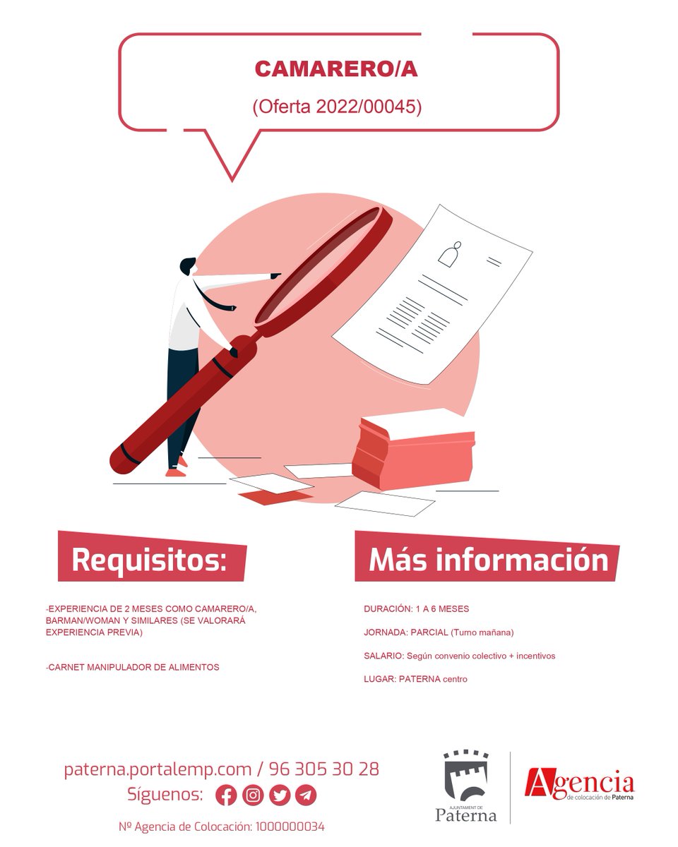 SocioEcoPaterna's tweet photo. #OFERTA #EMPLEO #AGENCIADECOLOCACIÓN
➡️ CAMARERO/A ⬅️
Todos los datos de la oferta en el siguiente enlace:
https://t.co/rLqJXsbx3T https://t.co/Eu3iN1FnGY