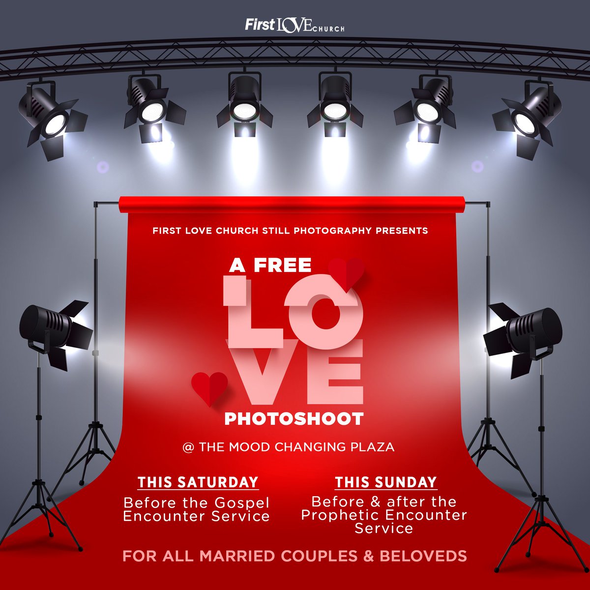 To help celebrate the season of love, we are having a FREE professional photoshoot for married-beloveds and beloveds-beloveds!

Taking pictures is a great way to capture memories with the person that you love. 

Singles are also invited… with their 100hours prayer tally sheet.