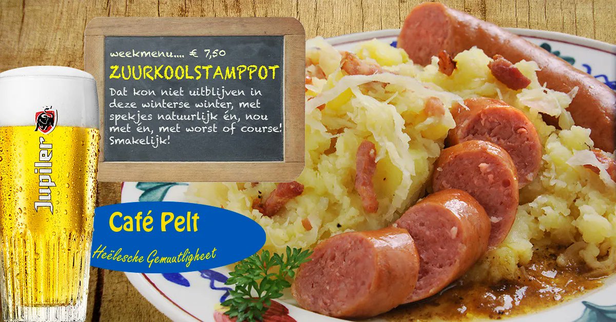 Vanaf vandaag weer een nieuw #weekmenu, zuurkoolstamppot voor maar € 7,50 Kom het proeven! Ook erg lekker met ons #bier van de maand: Bush de Noël. Proost!