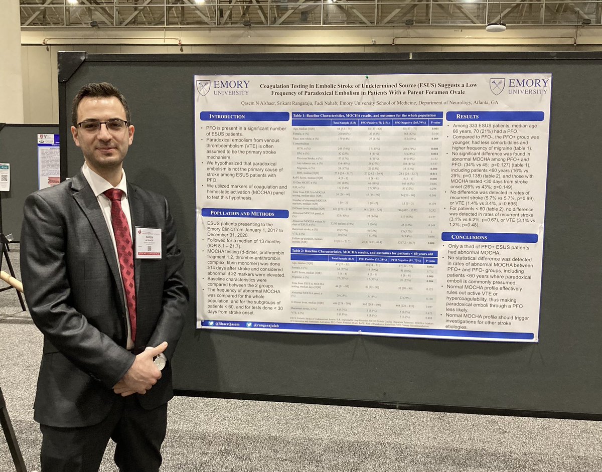 ShaerQasem's tweet image. At #ISC22 , Presenting our work on ESUS, PFO, and the use of MOCHA to identify the etiology.. ready for day 2! @EmoryNeurology @AHAMeetings