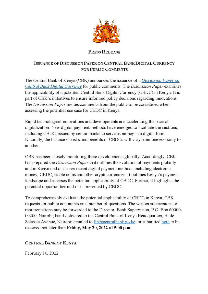 ghcryptoguy's tweet image. BREAKING: Will Kenya 🇰🇪 create a CBDC? 

The Central Bank of Kenya has issued a Discussion Paper that examines the applicability of a potential CBDC in Kenya.