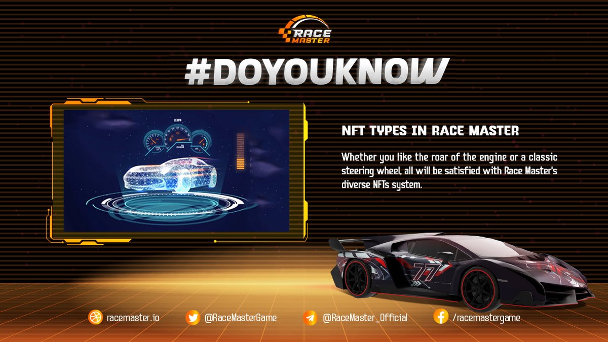 🔥 There are two types of NFT in the Race Master marketplace: Car and Gear. 
 📌 Each Gear will have its own unique functions in the game. All will be satisfied with Race Master's diverse NFTs system to become king on the Meta Race track
#racemaster #GameFi #BSC