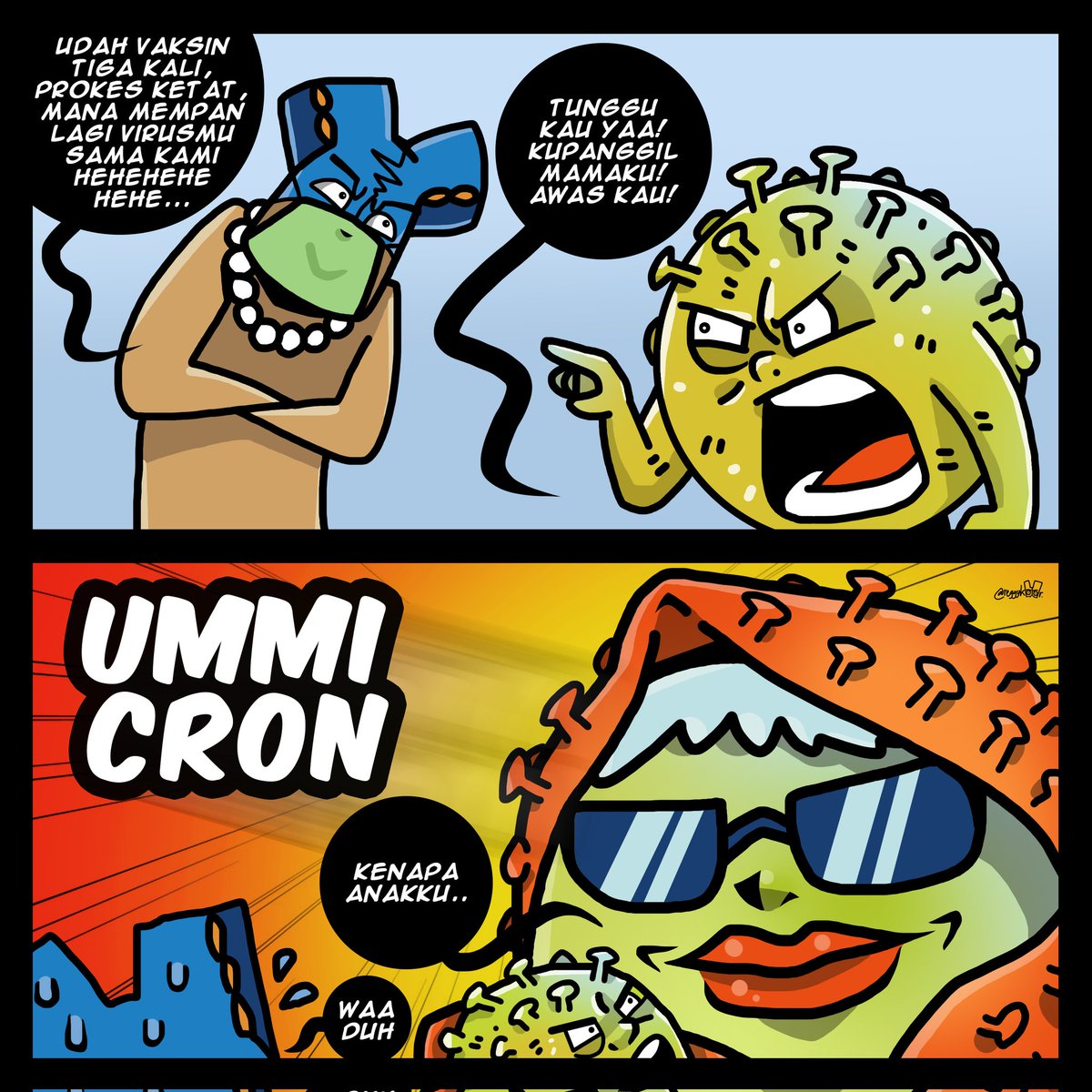 kolormania's tweet photo. Curang kali bawa mamak...
.
#kolorman #comicstrip #komik #komikinajah #virus #omicron #covid_19 https://t.co/mFQN3kTKXQ