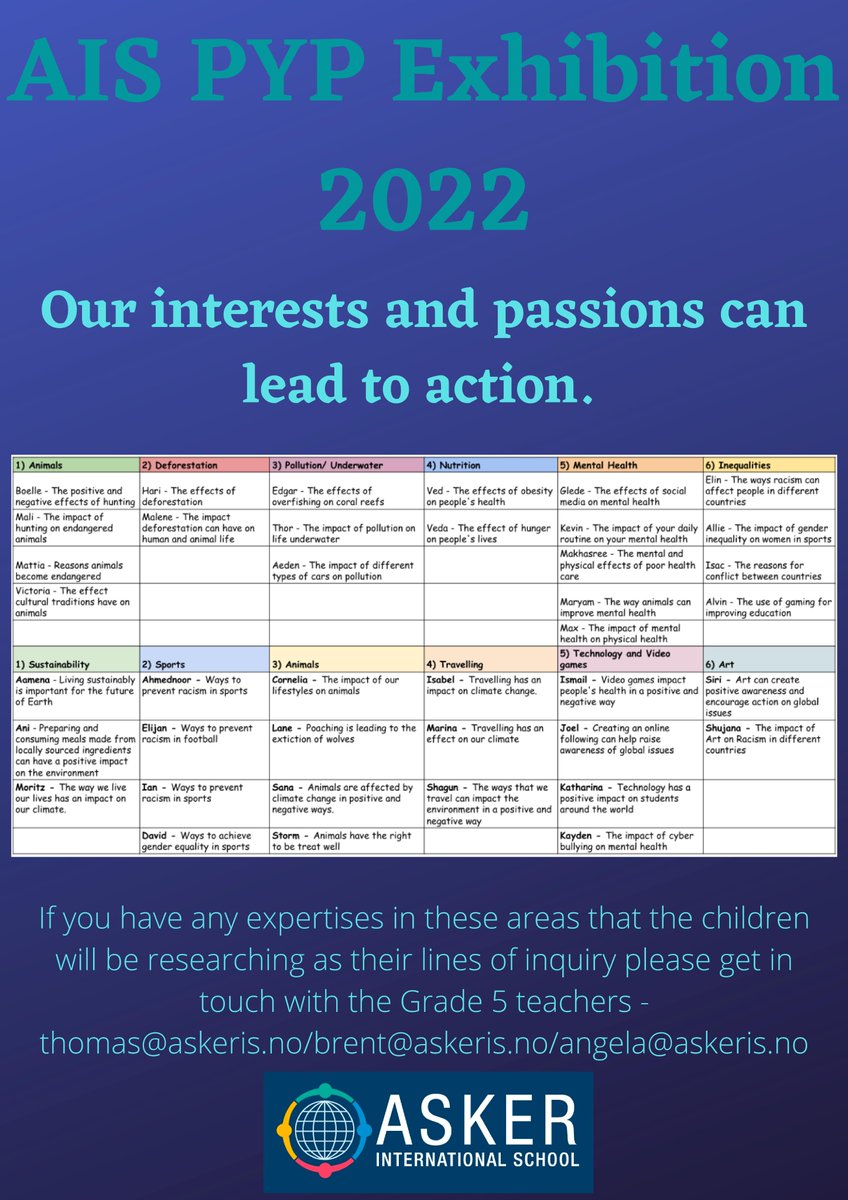 Our Grade 5 students are starting their #IBExhibition journey and they need experts! Please contact us if you are an expert in any of the fields show below:

#PYP #IBschool #Education