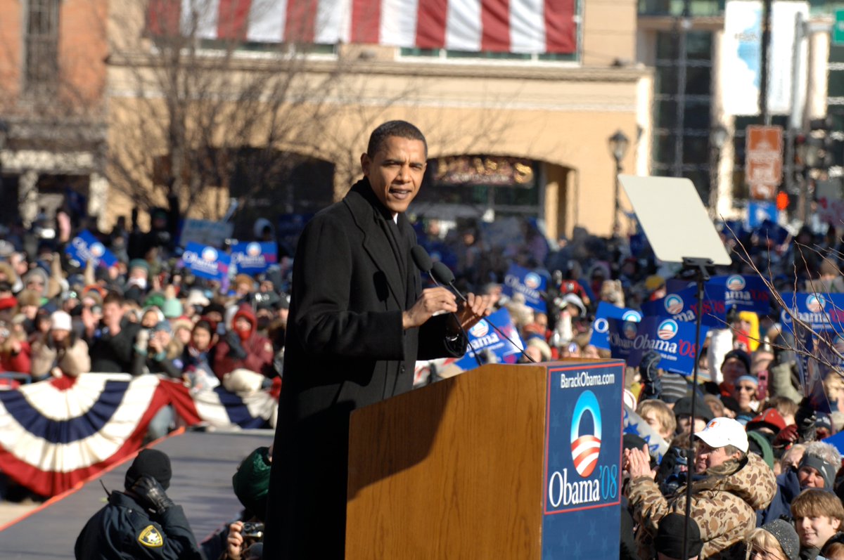 BarackObama's tweet photo. It’s hard to believe that 15 years have passed since I stood in front of the Old Capitol in Springfield, Illinois, and announced my candidacy for President. At the time, our campaign was viewed as a longshot—historic perhaps, but unlikely to end in the White House. https://t.co/Y3bC3JDwnt