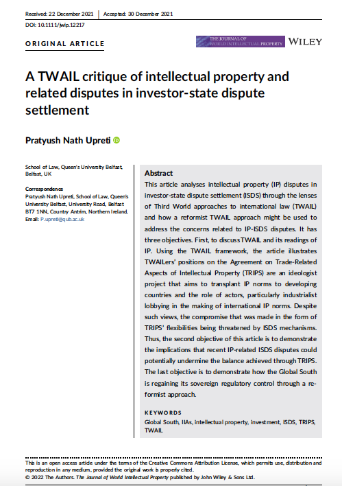 Glad to see this piece published in <a href="/jworldip/">Journal of World Intellectual Property</a>. I used the TWAIL Reformist Approach as a framework to analyse IP intersections with Investor-State Dispute Settlement. 1/2 onlinelibrary.wiley.com/doi/full/10.11…