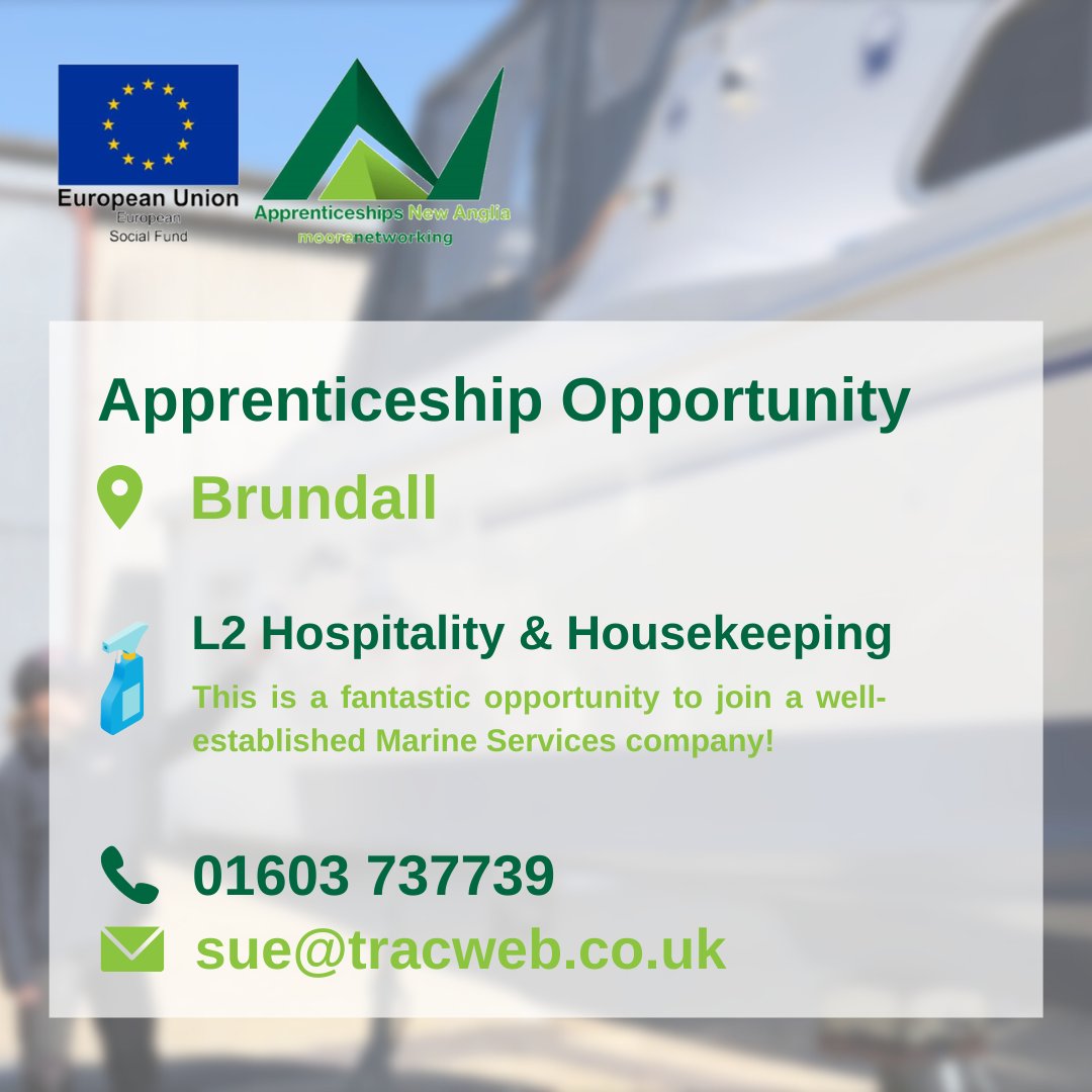 We have a fantastic Apprenticeship opportunity available in Brundall, 15 minutes outside of Norwich. For more information about this role, follow this link: v2.apprenticeshipsnewanglia.co.uk/applicants/hel…

Or contact us on: 
📞 01603 737739
📧 sue@tracweb.co.uk
#Apprenticeships #BuildTheFuture #NAW2022
