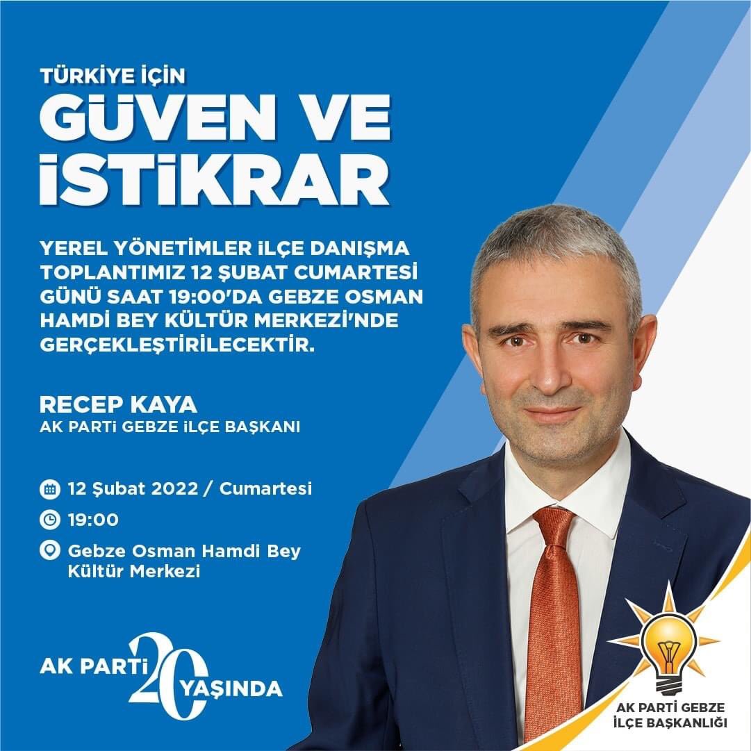 recepkayatr's tweet photo. Yerel Yönetimler İlçe Danışma Toplantısı

🗓12 Şubat 2022

🕖19:00

📍Gebze Osman Hamdi Bey Kültür Merkezi https://t.co/fiyiXIUvmI