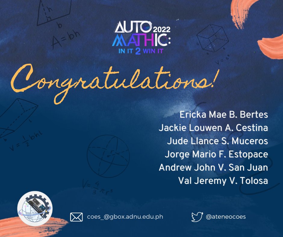 ateneocoes's tweet photo. The warmest congratulations to these Computer Engineering students who have competed and represented in 𝐀𝐮𝐭𝐨𝐌𝐀𝐓𝐇𝐢𝐜 𝟐𝟎𝟐𝟐: 𝐈𝐧 𝐈𝐭 𝟐 𝐖𝐢𝐧 𝐈𝐭! You have shown your excellency in this 3-day national contest, participating while honing your mathematical prowess.💙 https://t.co/wFLfsietFZ